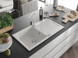 Mexen Leo zlewozmywak granitowy 1-komorowy z ociekaczem i baterią kuchenną Rita, biały - 6501-20-670300-00