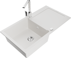 Mexen Leo zlewozmywak granitowy 1-komorowy z ociekaczem i baterią kuchenną Rita, biały - 6501-20-670300-00