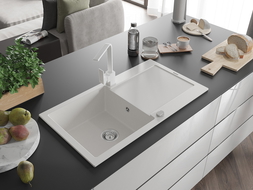 Mexen Leo zlewozmywak granitowy 1-komorowy z ociekaczem i baterią kuchenną Rita, biały - 6501-20-670300-20