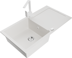 Mexen Leo zlewozmywak granitowy 1-komorowy z ociekaczem i baterią kuchenną Rita, biały - 6501-20-670300-20