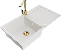 Mexen Leo zlewozmywak granitowy 1-komorowy z ociekaczem i baterią kuchenną Rita, biały - 6501-20-670300-50