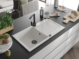 Mexen Leo zlewozmywak granitowy 1-komorowy z ociekaczem i baterią kuchenną Rita, biały - 6501-20-670300-70