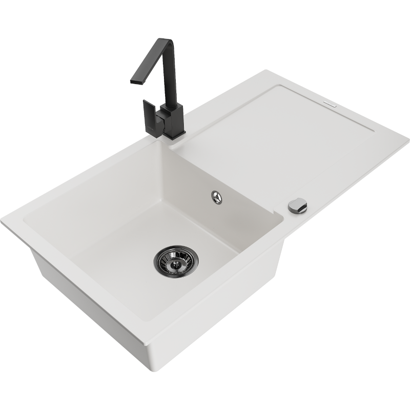 Mexen Leo zlewozmywak granitowy 1-komorowy z ociekaczem i baterią kuchenną Rita, biały - 6501-20-670300-70