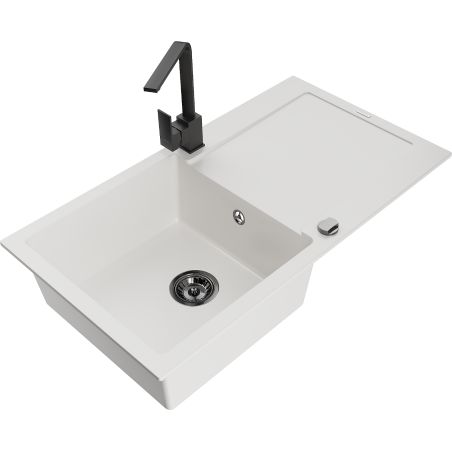 Mexen Leo zlewozmywak granitowy 1-komorowy z ociekaczem i baterią kuchenną Rita, biały - 6501-20-670300-70