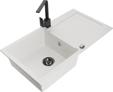 Mexen Leo zlewozmywak granitowy 1-komorowy z ociekaczem i baterią kuchenną Rita, biały - 6501-20-670300-70