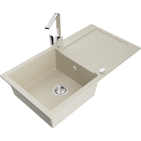 Mexen Leo zlewozmywak granitowy 1-komorowy z ociekaczem i baterią kuchenną Rita, beżowy - 6501-69-670300-00