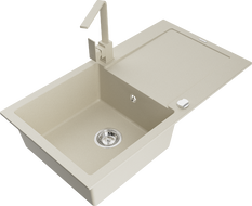 Mexen Leo zlewozmywak granitowy 1-komorowy z ociekaczem i baterią kuchenną Rita, beżowy - 6501-69-670300-69