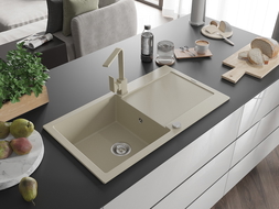 Mexen Leo zlewozmywak granitowy 1-komorowy z ociekaczem i baterią kuchenną Rita, beżowy - 6501-69-670300-69