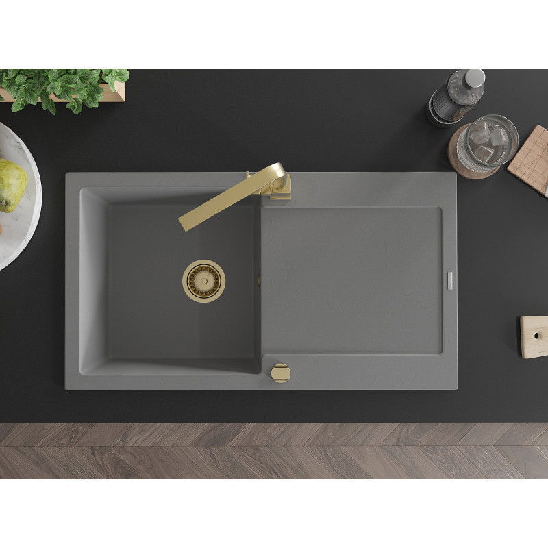 Mexen Leo zlewozmywak granitowy 1-komorowy z ociekaczem i baterią kuchenną Rita, szary - 6501-71-670300-50