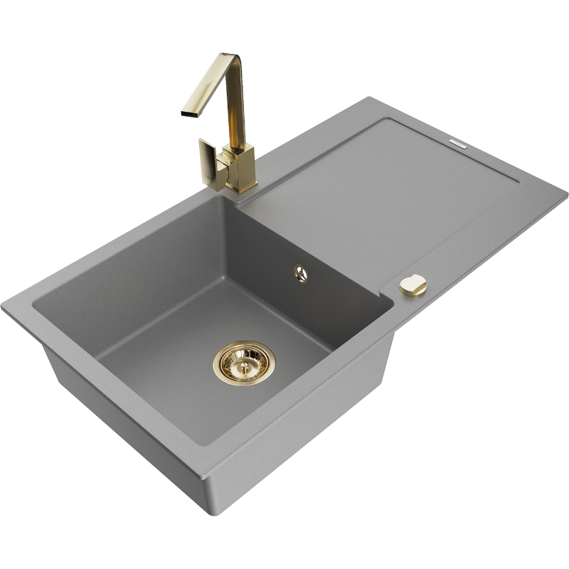 Mexen Leo zlewozmywak granitowy 1-komorowy z ociekaczem i baterią kuchenną Rita, szary - 6501-71-670300-50