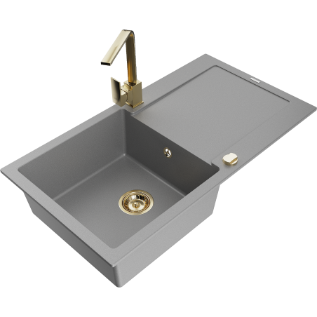 Mexen Leo zlewozmywak granitowy 1-komorowy z ociekaczem i baterią kuchenną Rita, szary - 6501-71-670300-50