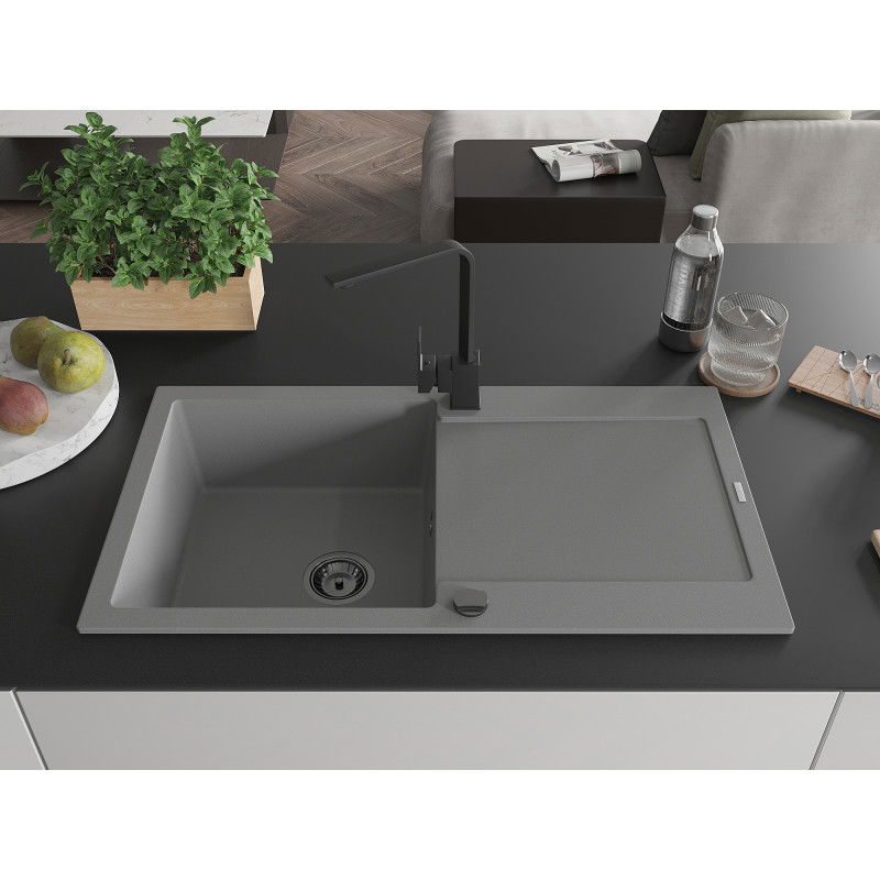 Mexen Leo zlewozmywak granitowy 1-komorowy z ociekaczem i baterią kuchenną Rita, szary - 6501-71-670300-70-B