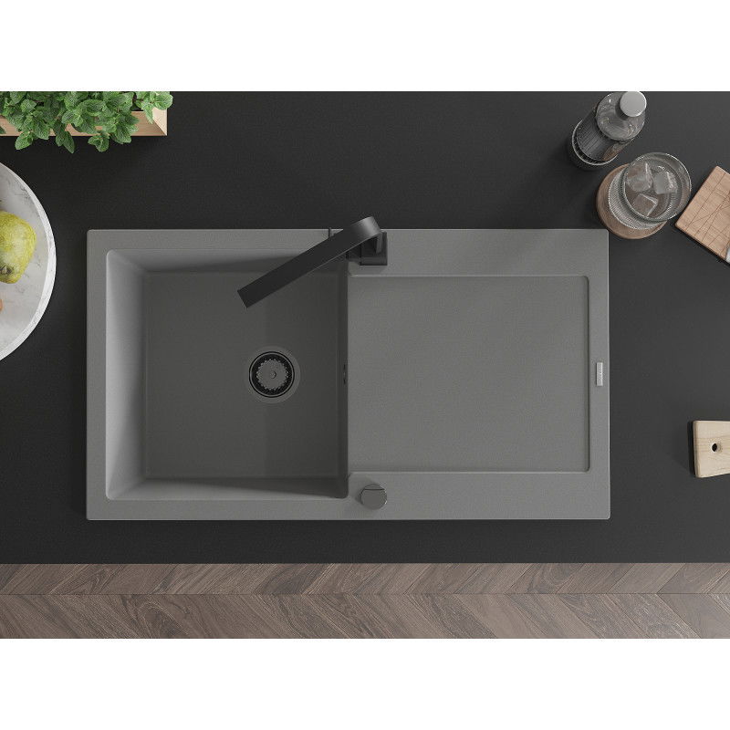 Mexen Leo zlewozmywak granitowy 1-komorowy z ociekaczem i baterią kuchenną Rita, szary - 6501-71-670300-70-B