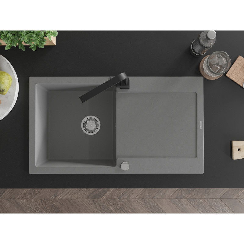 Mexen Leo zlewozmywak granitowy 1-komorowy z ociekaczem i baterią kuchenną Rita, szary - 6501-71-670300-70