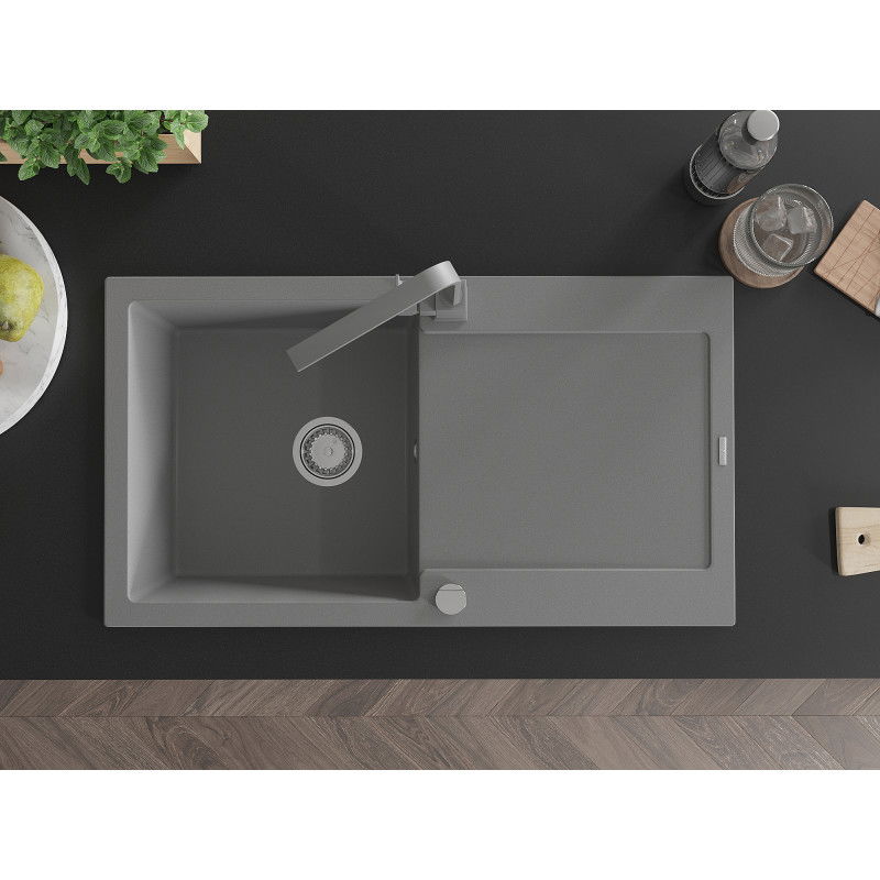 Mexen Leo zlewozmywak granitowy 1-komorowy z ociekaczem i baterią kuchenną Rita, szary - 6501-71-670300-71