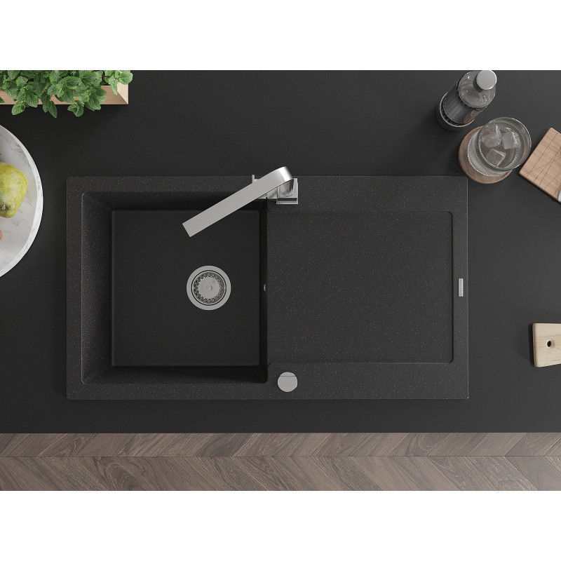 Mexen Leo zlewozmywak granitowy 1-komorowy z ociekaczem i baterią kuchenną Rita, czarny/srebrny metalik - 6501-73-670300-00