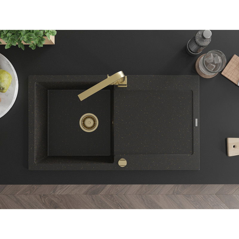 Mexen Leo zlewozmywak granitowy 1-komorowy z ociekaczem i baterią kuchenną Rita, czarny/złoty metalik - 6501-75-670300-50