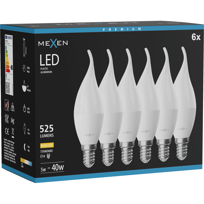 Mexen Nova 6x żarówka LED płomyk E14, C37, 5W, Ciepła - 3000K, 525 lm - L106-E14-0530-01x06