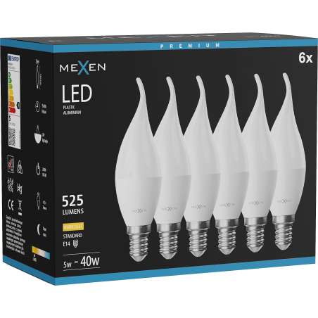 Mexen Nova 6x żarówka LED płomyk E14, C37, 5W, Ciepła - 3000K, 525 lm - L106-E14-0530-01x06