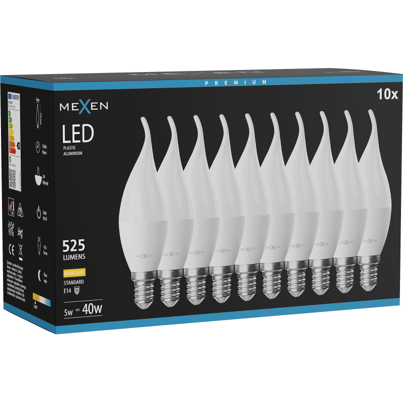 Mexen Nova 10x żarówka LED płomyk E14, C37, 5W, Ciepła - 3000K, 525 lm - L106-E14-0530-01x10