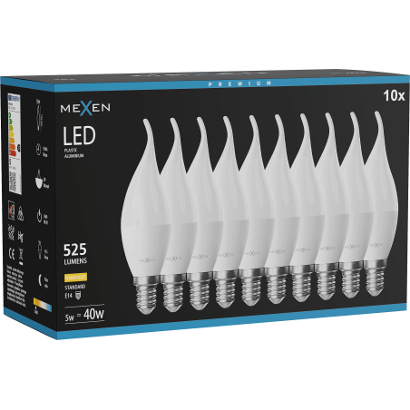 Mexen Nova 10x żarówka LED płomyk E14, C37, 5W, Ciepła - 3000K, 525 lm - L106-E14-0530-01x10