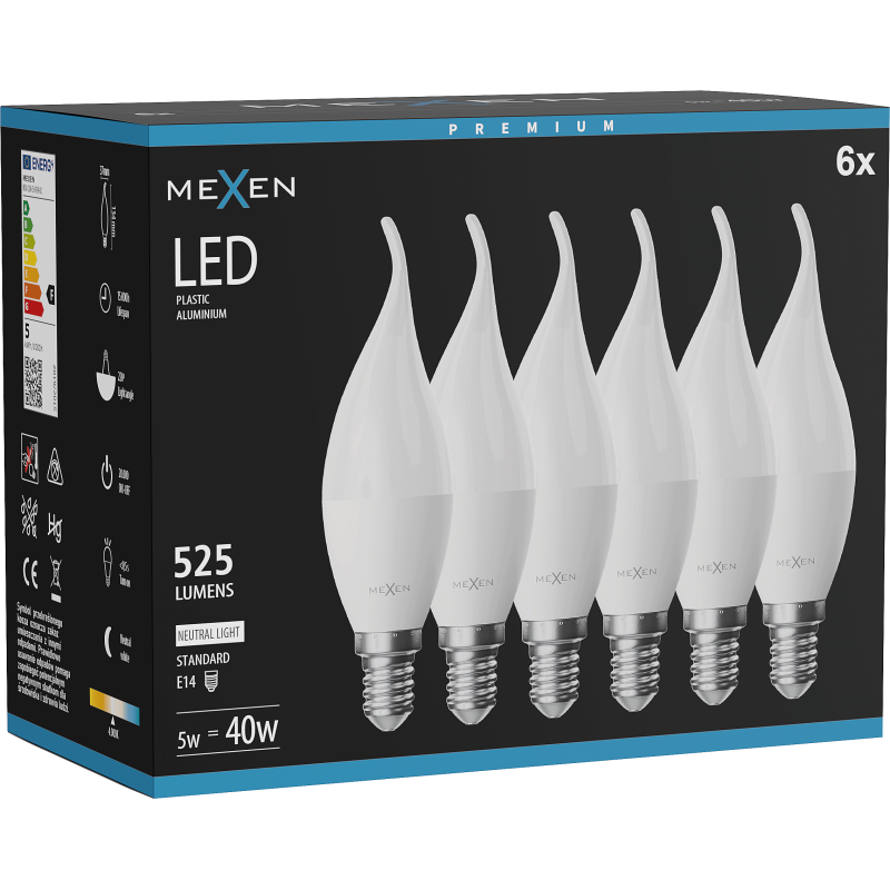 Mexen Nova 6x żarówka LED płomyk E14, C37, 5W, Neutralna - 4000K, 525 lm - L106-E14-0540-01x06