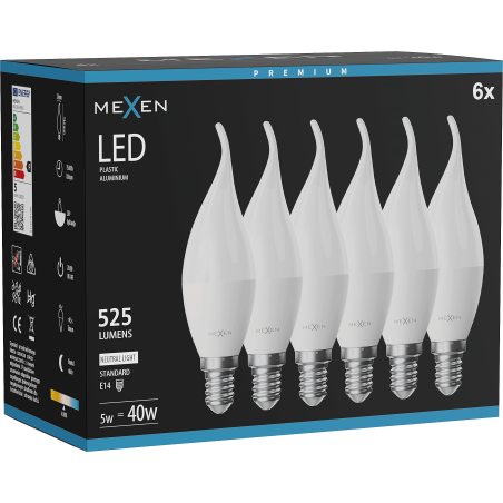 Mexen Nova 6x żarówka LED płomyk E14, C37, 5W, Neutralna - 4000K, 525 lm - L106-E14-0540-01x06