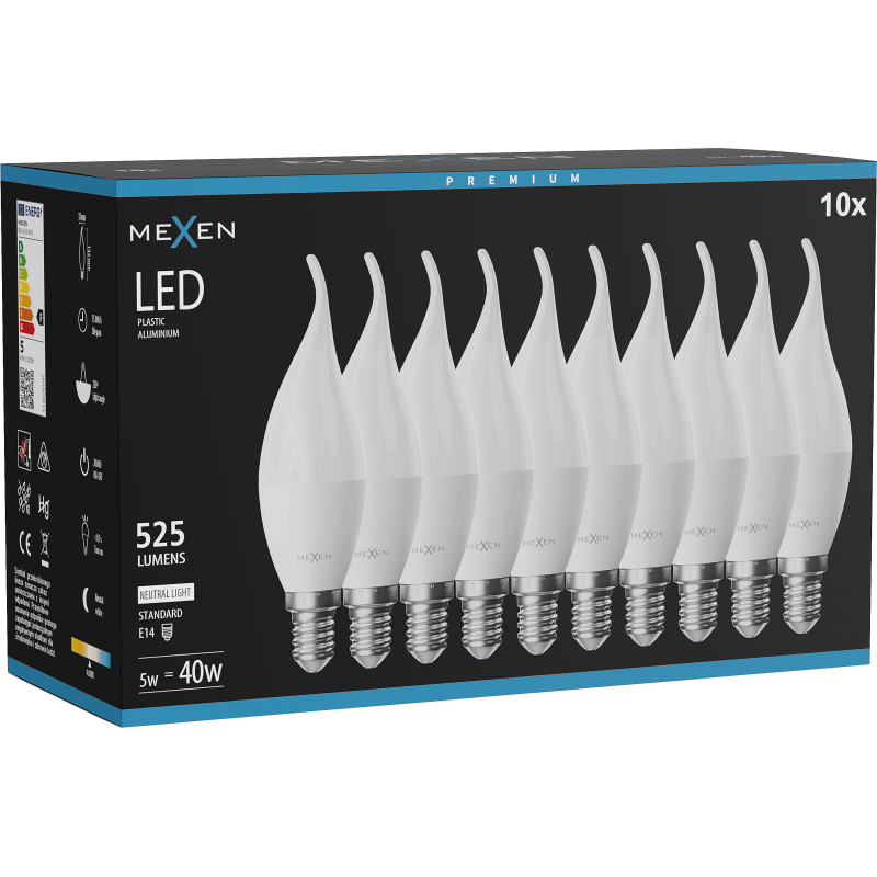 Mexen Nova 10x żarówka LED płomyk E14, C37, 5W, Neutralna - 4000K, 525 lm - L106-E14-0540-01x10