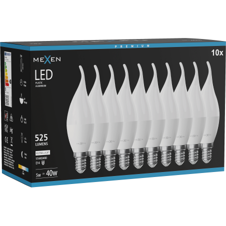 Mexen Nova 10x żarówka LED płomyk E14, C37, 5W, Neutralna - 4000K, 525 lm - L106-E14-0540-01x10