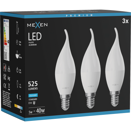 Mexen Nova 3x żarówka LED płomyk E14, C37, 5W, Zimna - 6500K, 525 lm - L106-E14-0565-01x03
