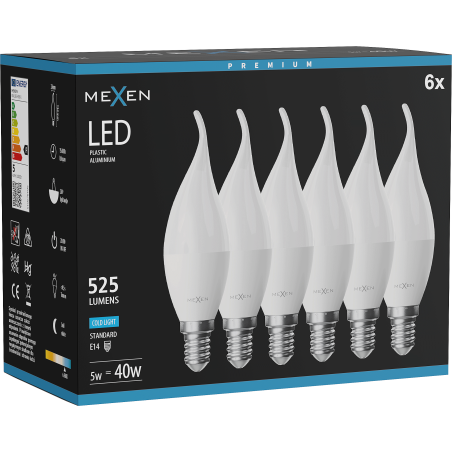 Mexen Nova 6x żarówka LED płomyk E14, C37, 5W, Zimna - 6500K, 525 lm - L106-E14-0565-01x06
