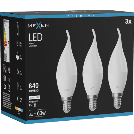 Mexen Nova 3x żarówka LED płomyk E14, C37, 8W, Neutralna - 4000K, 840 lm - L106-E14-0840-01x03