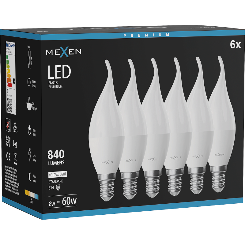 Mexen Nova 6x żarówka LED płomyk E14, C37, 8W, Neutralna - 4000K, 840 lm - L106-E14-0840-01x06