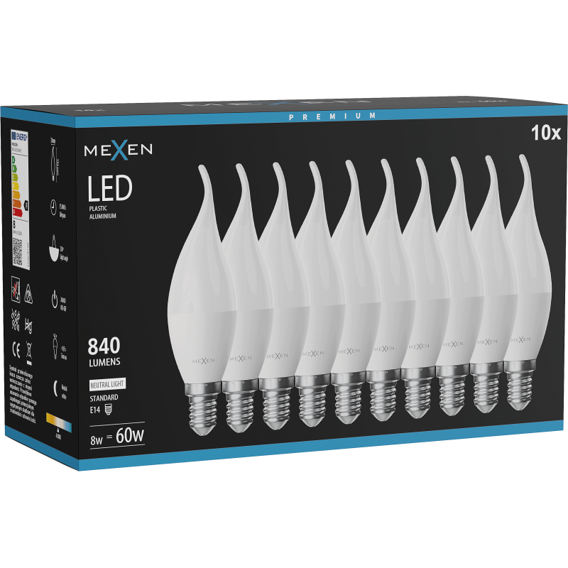 Mexen Nova 10x żarówka LED płomyk E14, C37, 8W, Neutralna - 4000K, 840 lm - L106-E14-0840-01x10