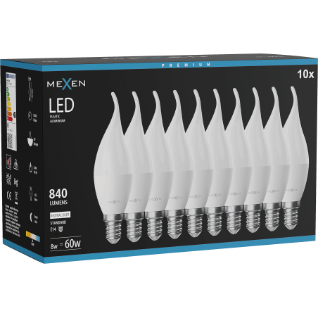 Mexen Nova 10x żarówka LED płomyk E14, C37, 8W, Neutralna - 4000K, 840 lm - L106-E14-0840-01x10