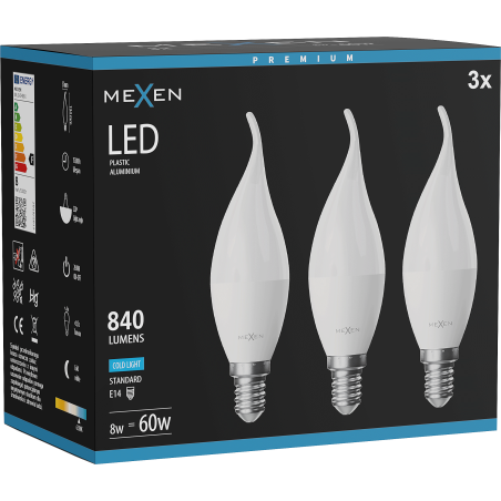 Mexen Nova 3x żarówka LED płomyk E14, C37, 8W, Zimna - 6500K, 840 lm - L106-E14-0865-01x03