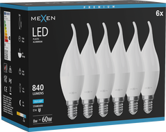 Mexen Nova 6x żarówka LED płomyk E14, C37, 8W, Zimna - 6500K, 840 lm - L106-E14-0865-01x06