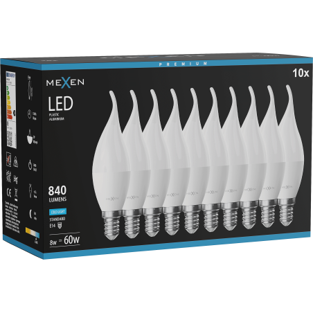 Mexen Nova 10x żarówka LED płomyk E14, C37, 8W, Zimna - 6500K, 840 lm - L106-E14-0865-01x10