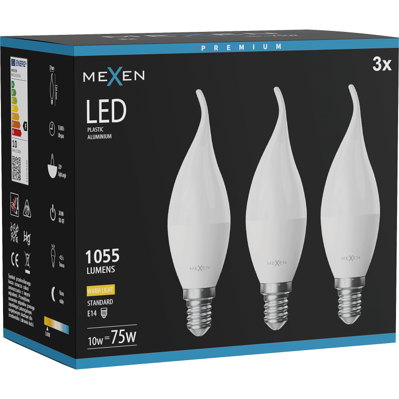 Mexen Nova 3x żarówka LED płomyk E14, C37, 10W, Ciepła - 3000K, 1055 lm - L106-E14-1030-01x03