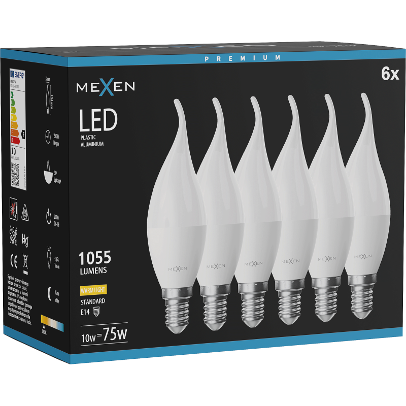 Mexen Nova 6x żarówka LED płomyk E14, C37, 10W, Ciepła - 3000K, 1055 lm - L106-E14-1030-01x06