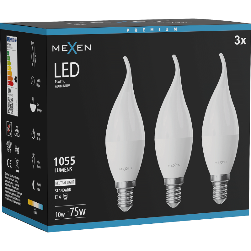 Mexen Nova 3x żarówka LED płomyk E14, C37, 10W, Neutralna - 4000K, 1055 lm - L106-E14-1040-01x03