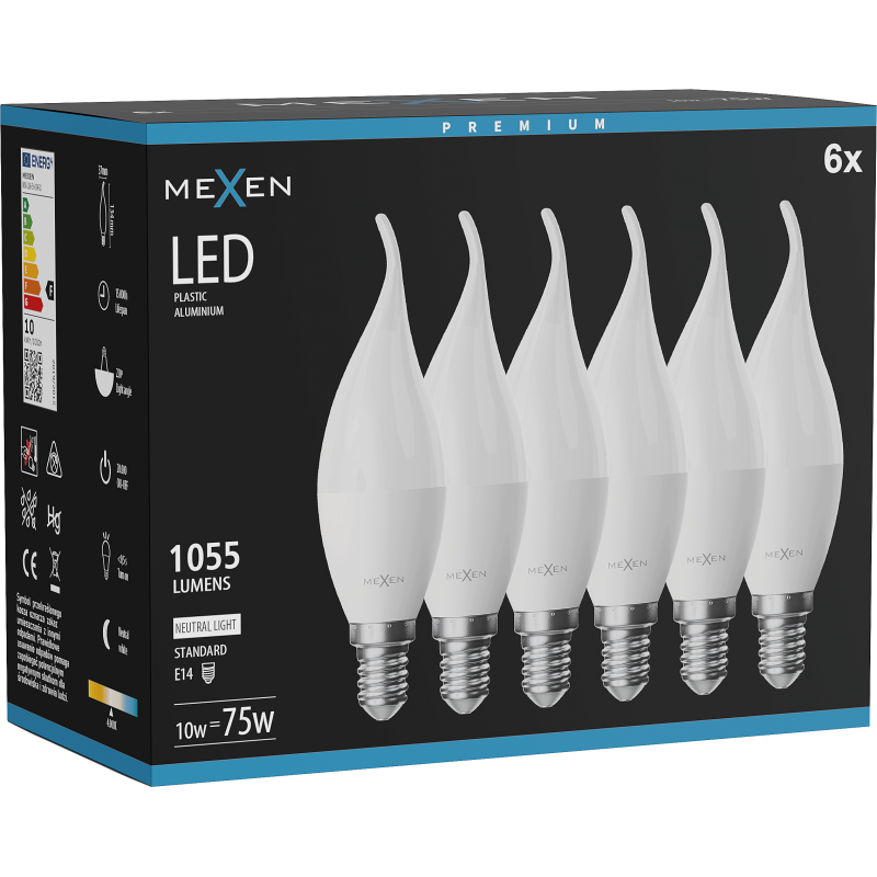 Mexen Nova 6x żarówka LED płomyk E14, C37, 10W, Neutralna - 4000K, 1055 lm - L106-E14-1040-01x06