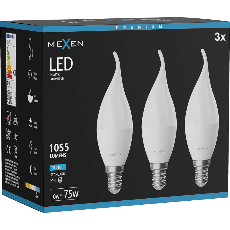Mexen Nova 3x żarówka LED płomyk E14, C37, 10W, Zimna - 6500K, 1055 lm - L106-E14-1065-01x03
