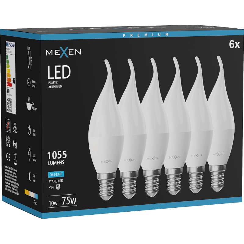 Mexen Nova 6x żarówka LED płomyk E14, C37, 10W, Zimna - 6500K, 1055 lm - L106-E14-1065-01x06