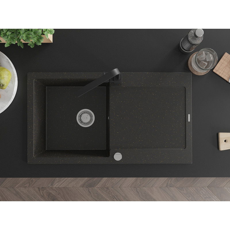 Mexen Leo zlewozmywak granitowy 1-komorowy z ociekaczem i baterią kuchenną Rita, czarny/złoty metalik - 6501-75-670300-70