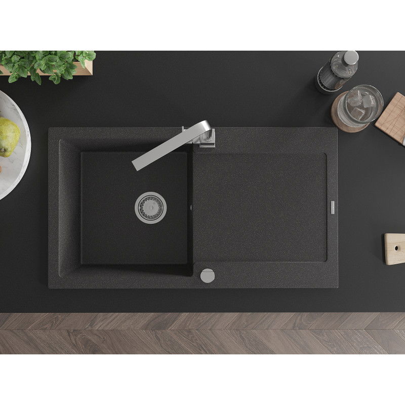 Mexen Leo zlewozmywak granitowy 1-komorowy z ociekaczem i baterią kuchenną Rita, czarny nakrapiany - 6501-76-670300-00