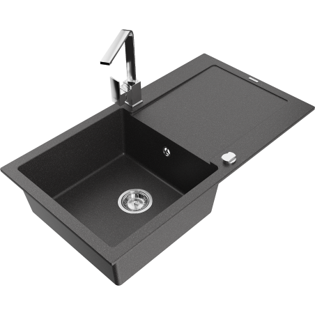 Mexen Leo zlewozmywak granitowy 1-komorowy z ociekaczem i baterią kuchenną Rita, czarny nakrapiany - 6501-76-670300-00