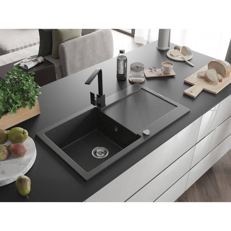 Mexen Leo zlewozmywak granitowy 1-komorowy z ociekaczem i baterią kuchenną Rita, czarny nakrapiany - 6501-76-670300-70