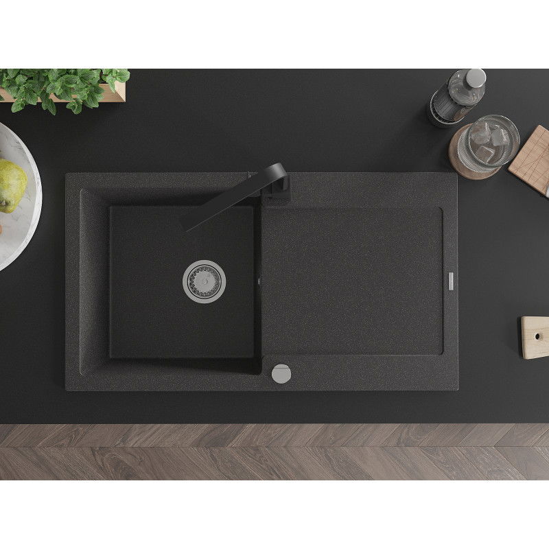 Mexen Leo zlewozmywak granitowy 1-komorowy z ociekaczem i baterią kuchenną Rita, czarny nakrapiany - 6501-76-670300-70