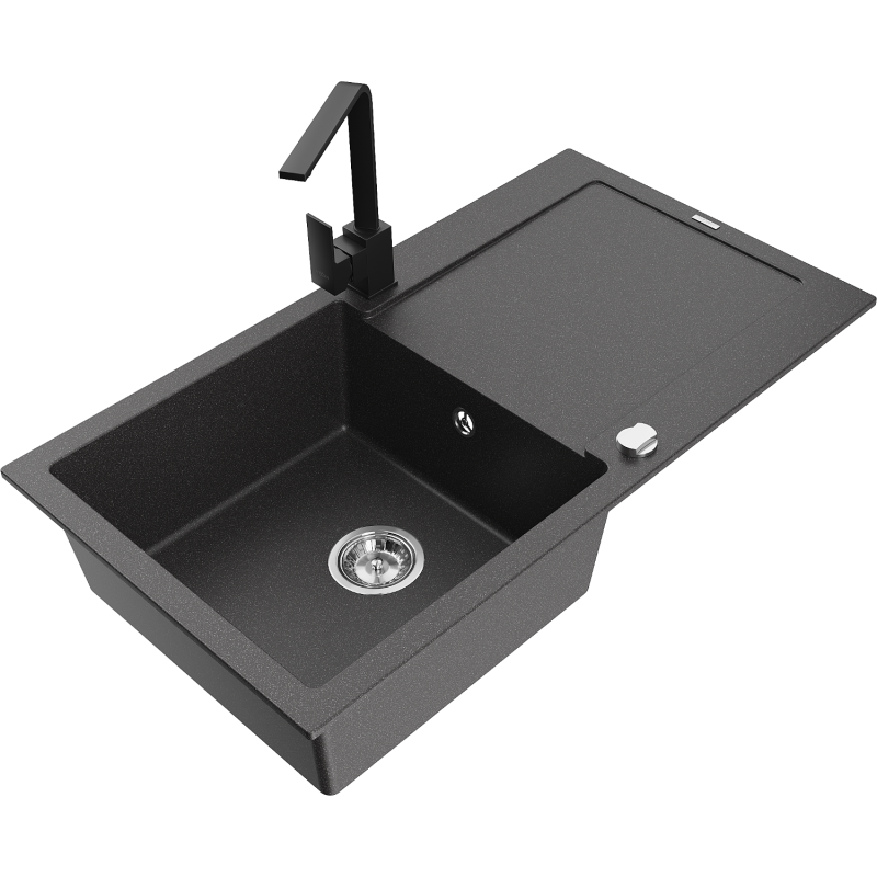 Mexen Leo zlewozmywak granitowy 1-komorowy z ociekaczem i baterią kuchenną Rita, czarny nakrapiany - 6501-76-670300-70